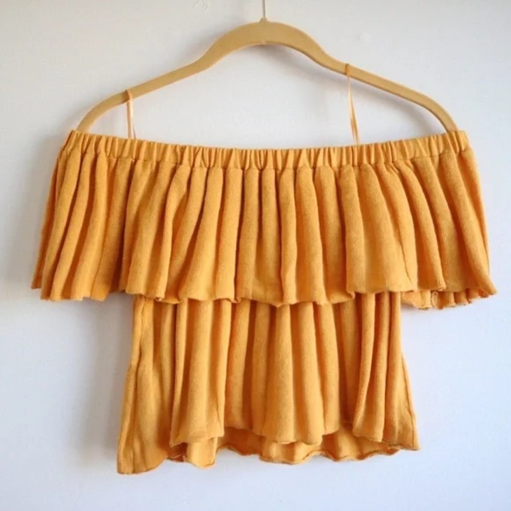 Urban Outfitters Yellow Off-the-Shoulder Ruffle Cropped Short Sleeve Shirt
